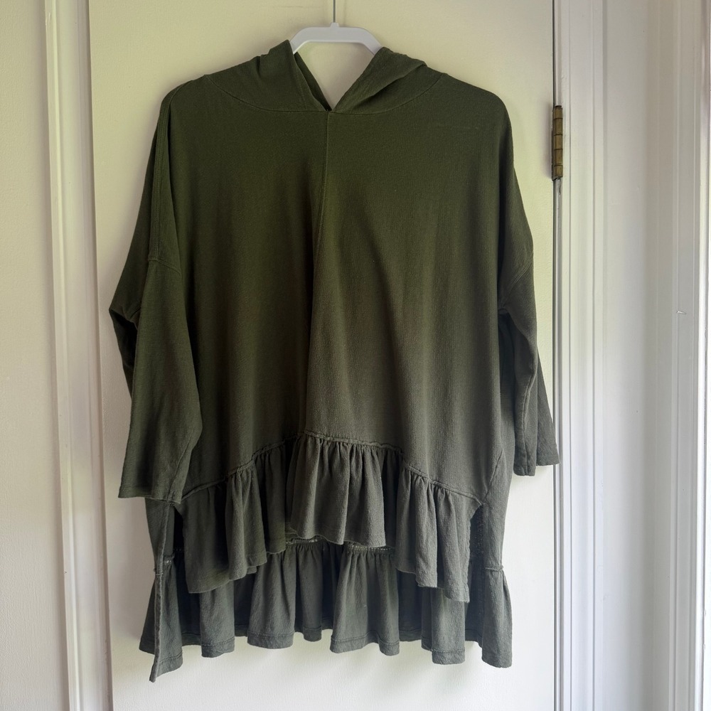 Anthropologie Olive Green Cotton Linen Ruffle Hem Hooded Pullover Top XXS/S